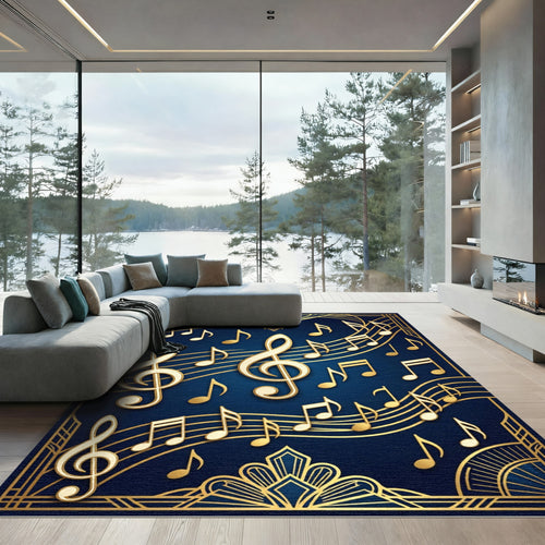 Art Deco Golden Musical Note Navy Rug