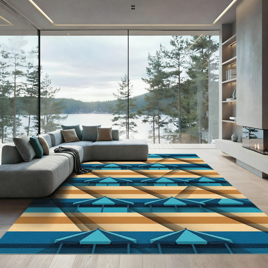 Geometric Blue Striped Umbrella Beachscape Rug