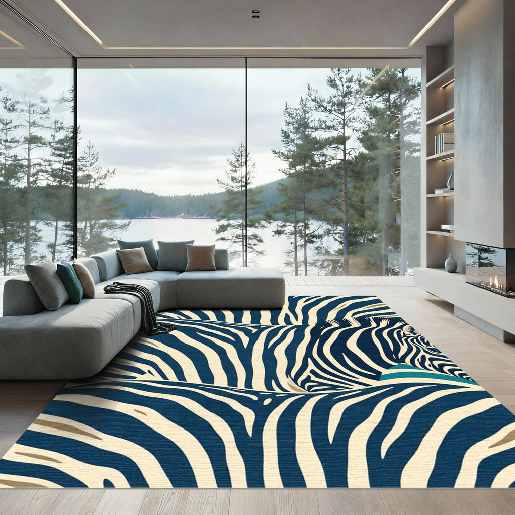 Navy Beige Striped Zebra Curve Rug