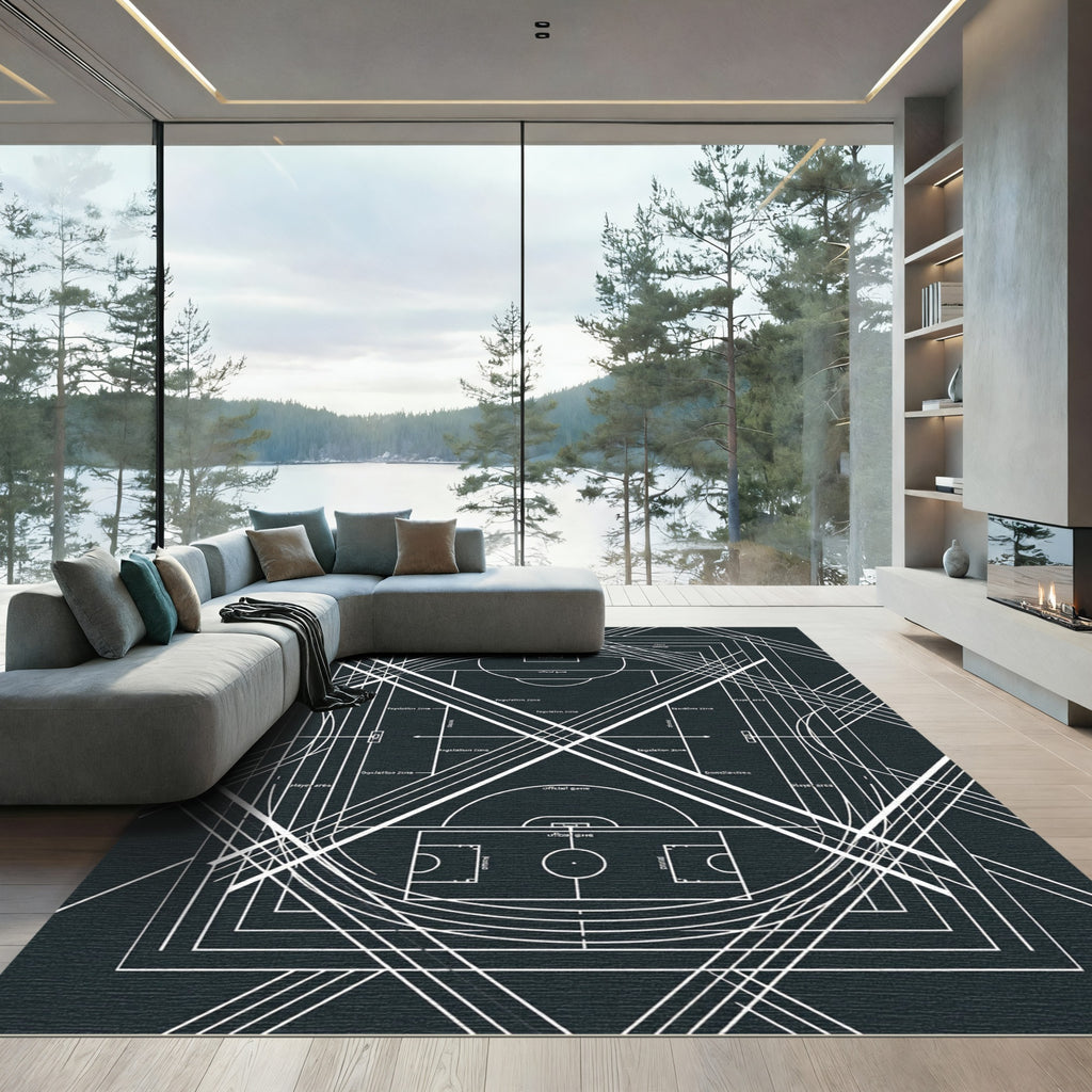 Architectural Monochrome Geometric Athletic Court Lines Rug