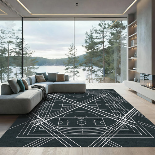 Architectural Monochrome Geometric Athletic Court Lines Rug