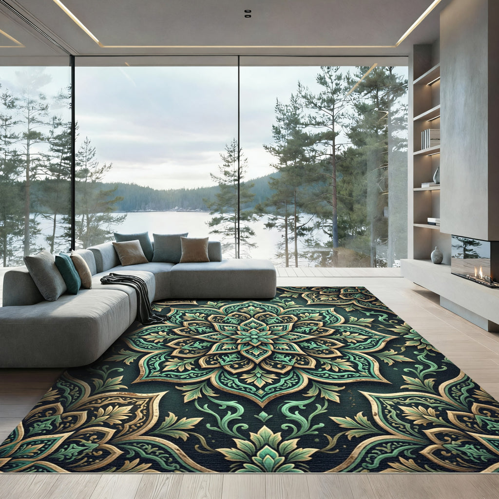 Emerald Gold Medallion Floral Art Rug