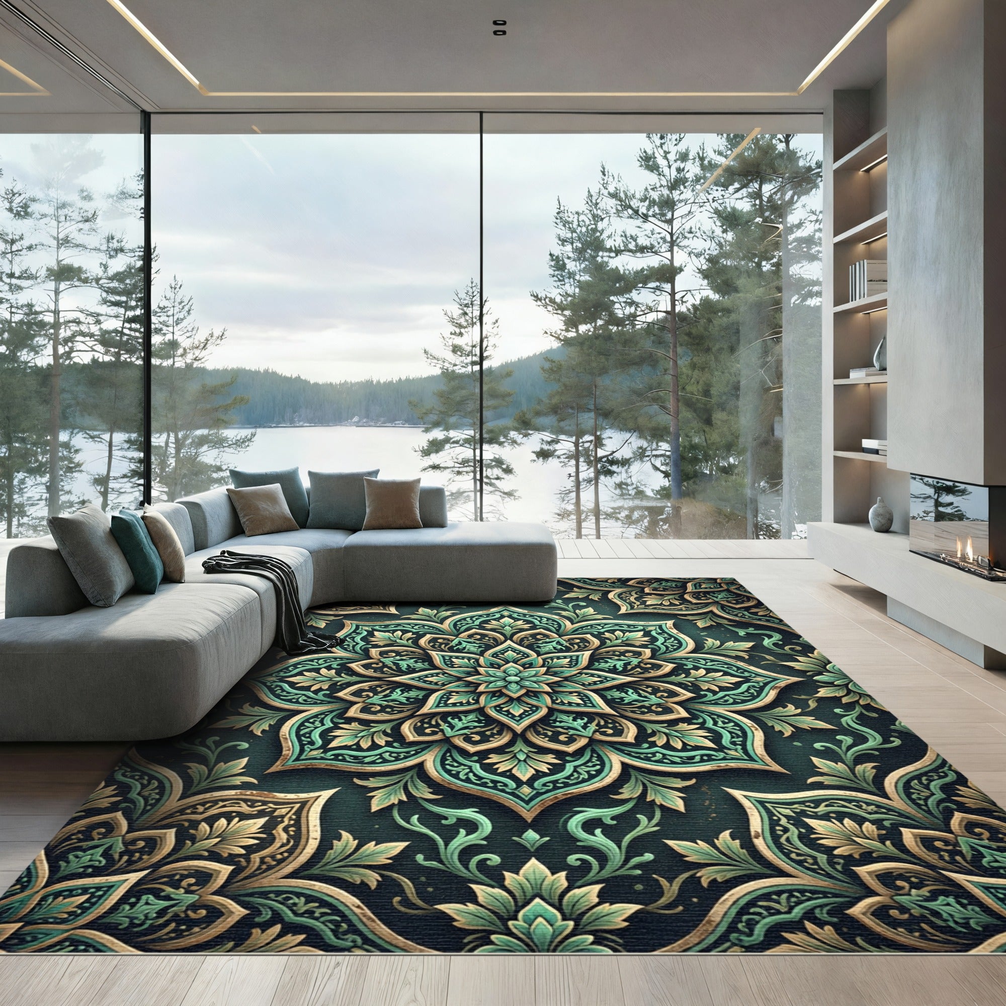 Emerald Gold Medallion Floral Art Rug