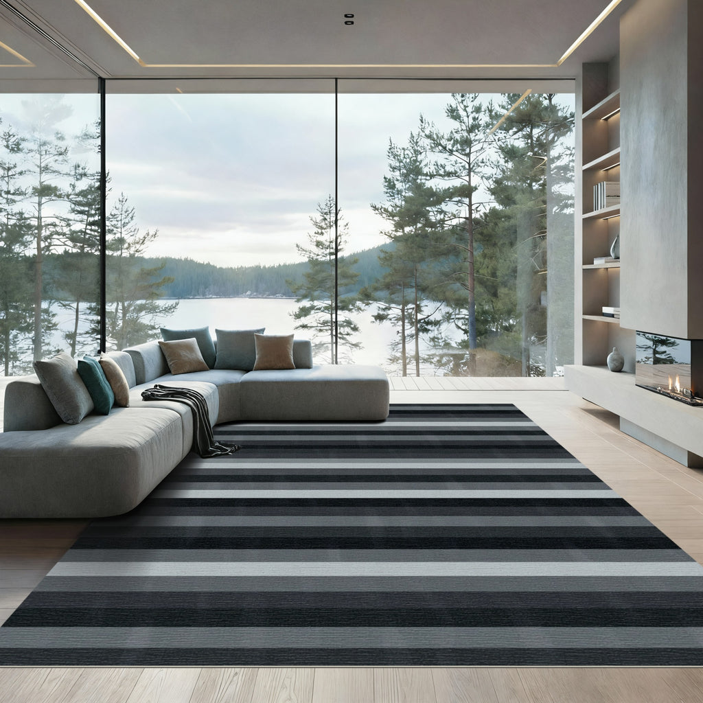 Contemporary Monochrome Horizontal Striped Area Rug