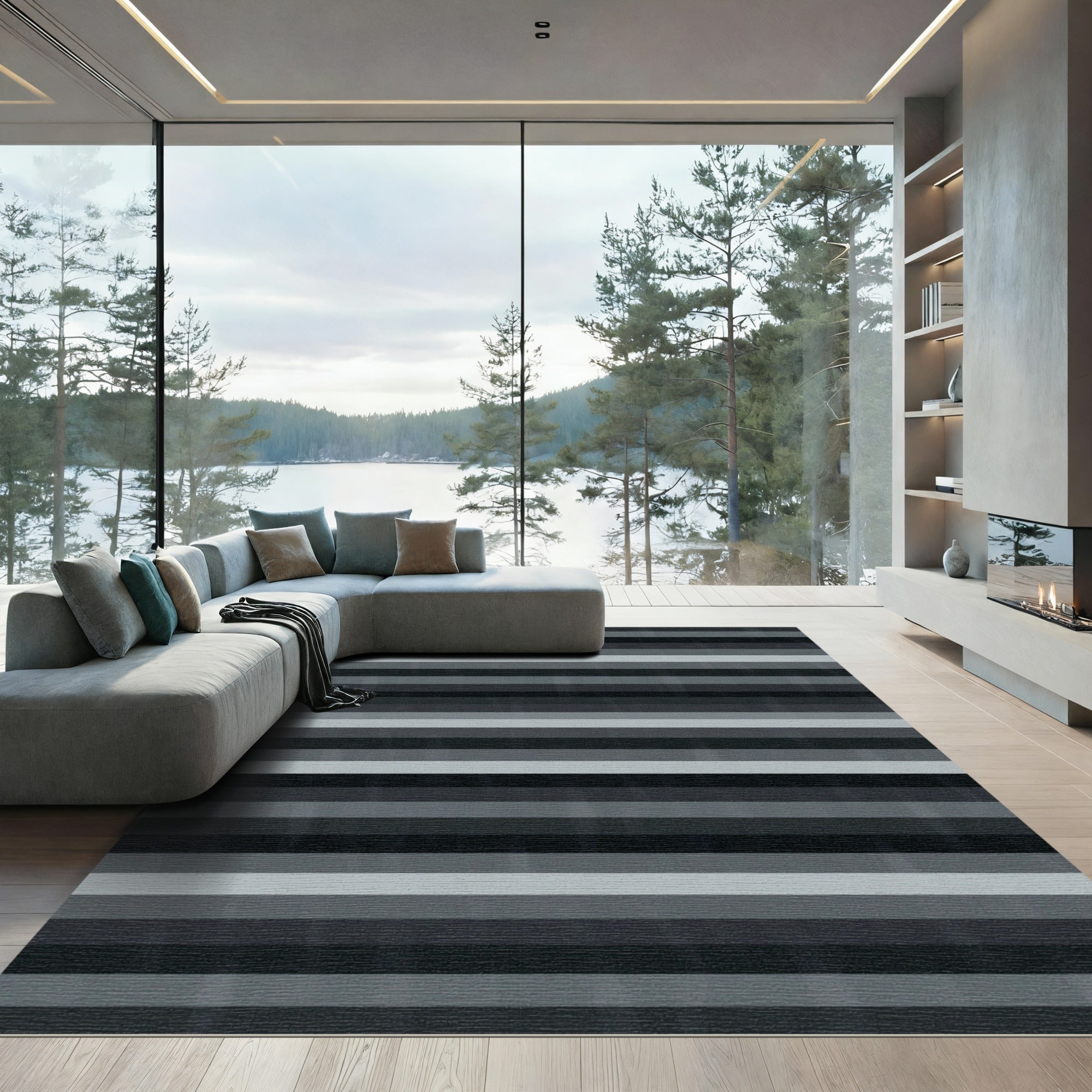Contemporary Monochrome Horizontal Striped Area Rug