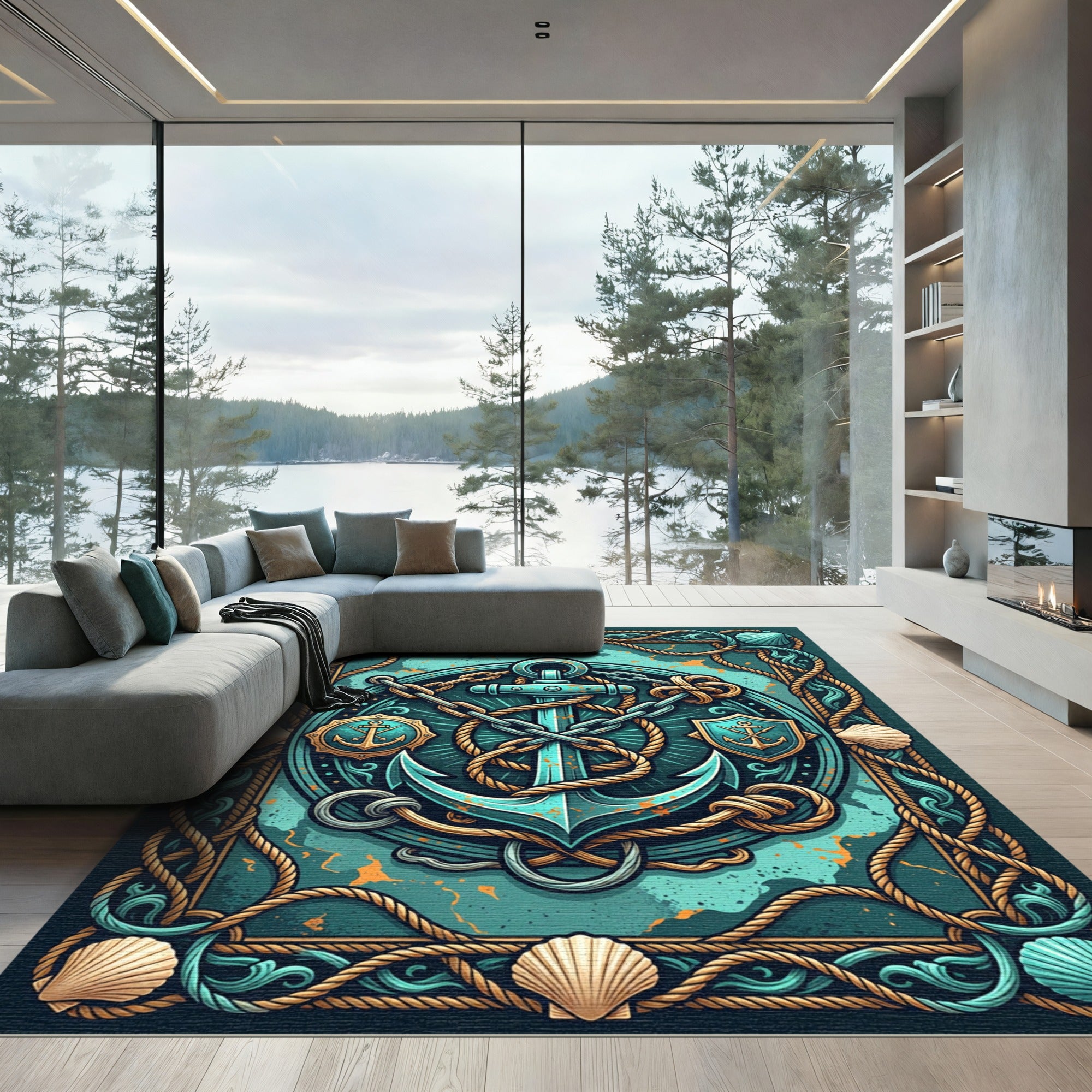 Nautical Teal Anchor Rope Shield Maritime Art Rug