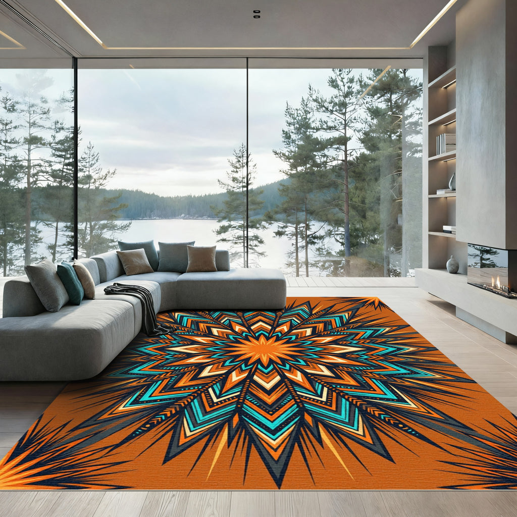 Vibrant Orange Turquoise Starburst Mandala Rug