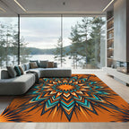 Vibrant Orange Turquoise Starburst Mandala Rug