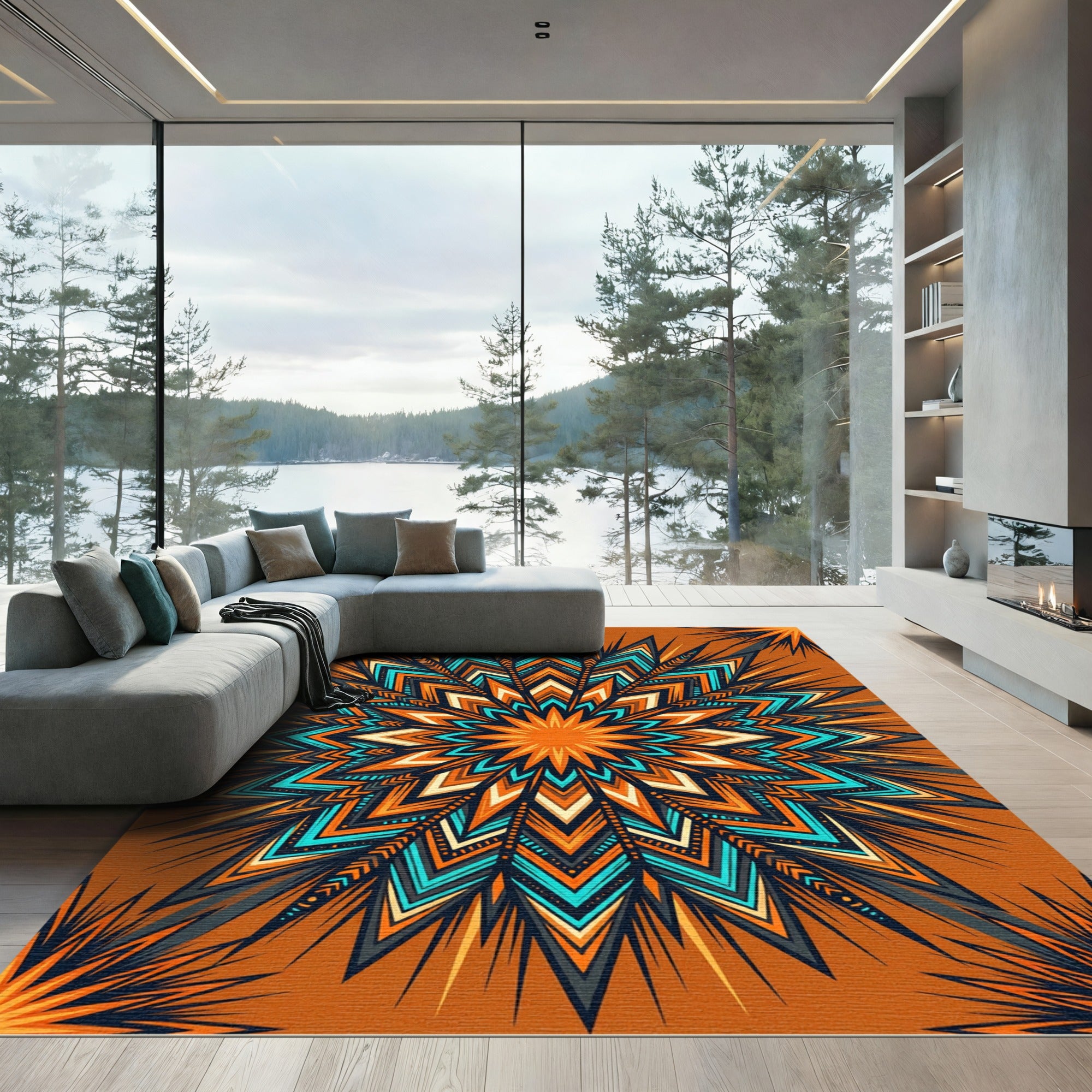 Vibrant Orange Turquoise Starburst Mandala Rug