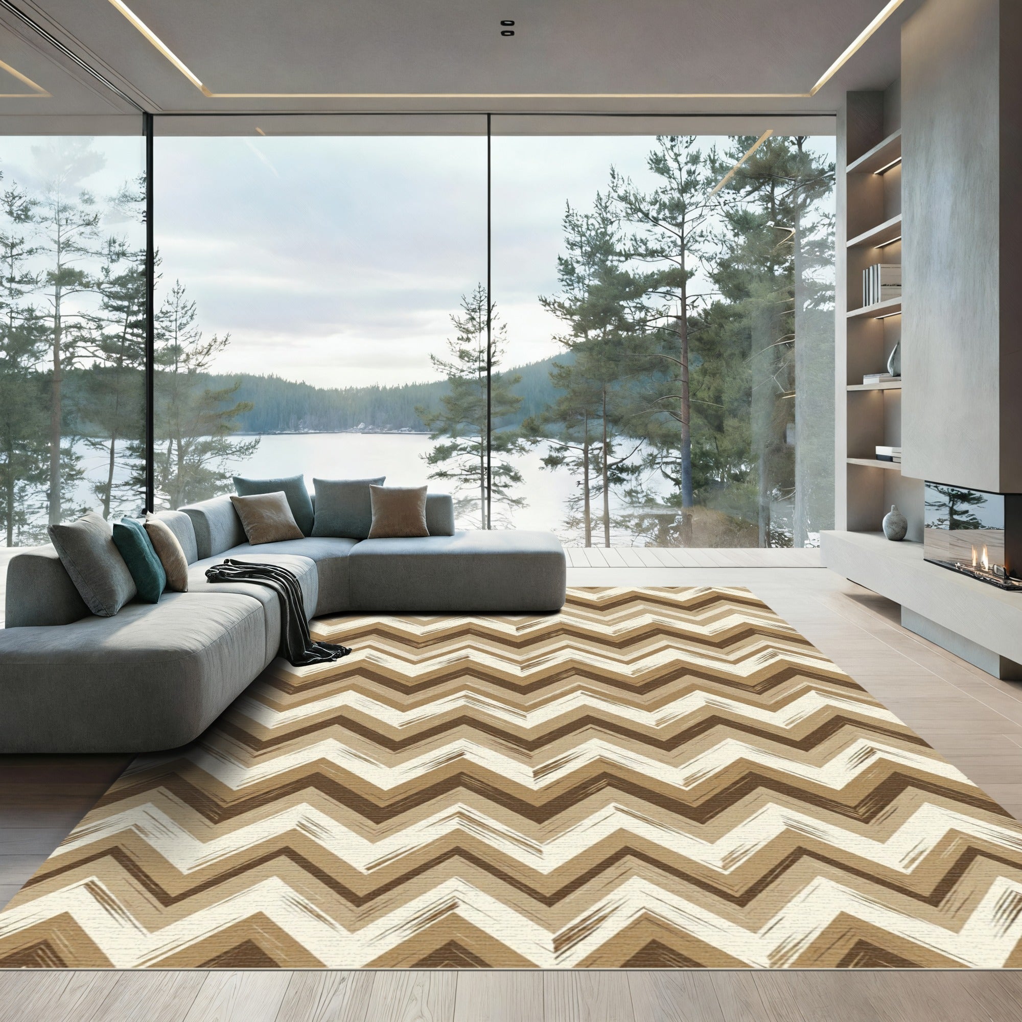 Neutral Chevron Earthy Layered Zigzag Rug