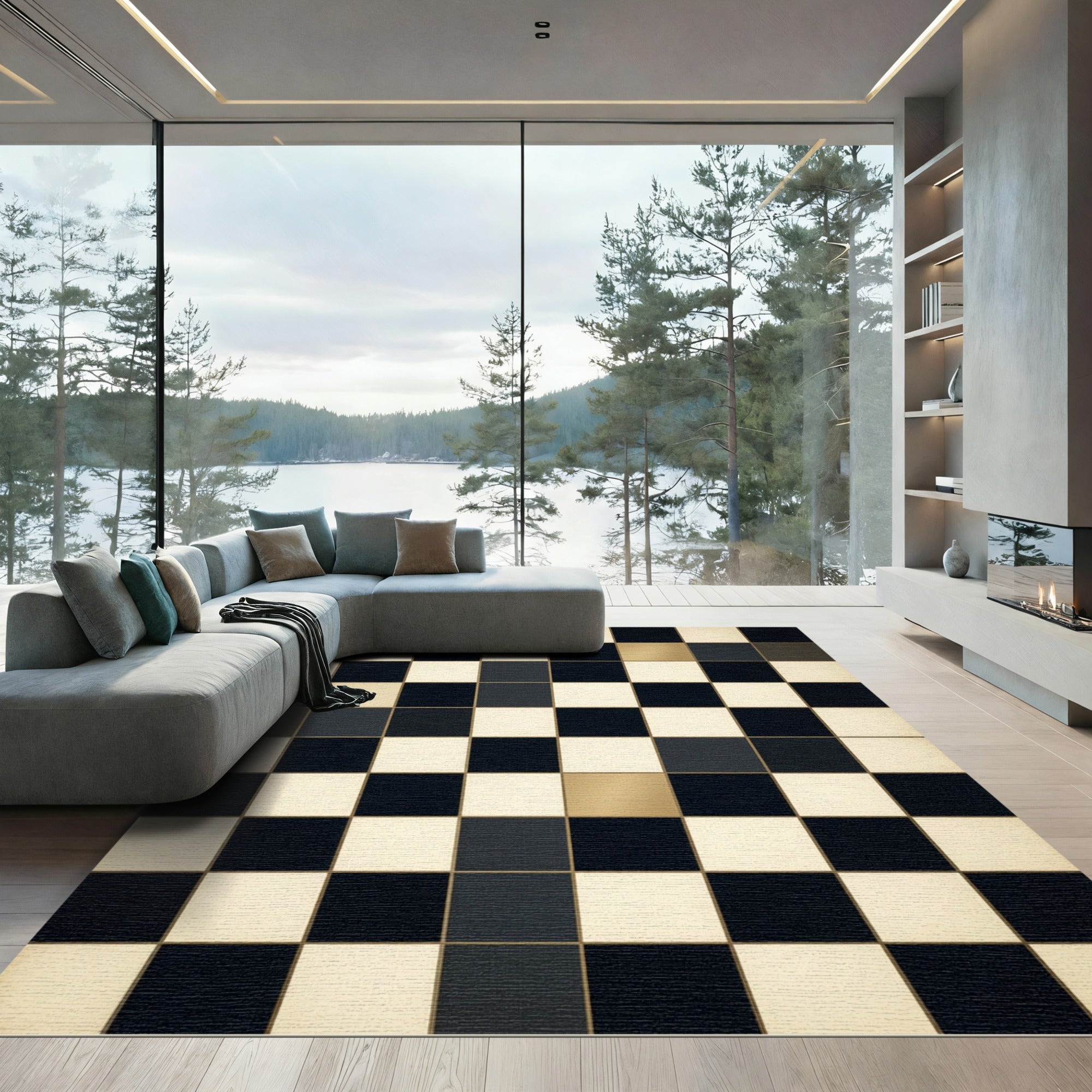 Black Gold Checkerboard Square Composition Rug