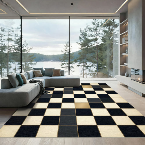 Black Gold Checkerboard Square Composition Rug
