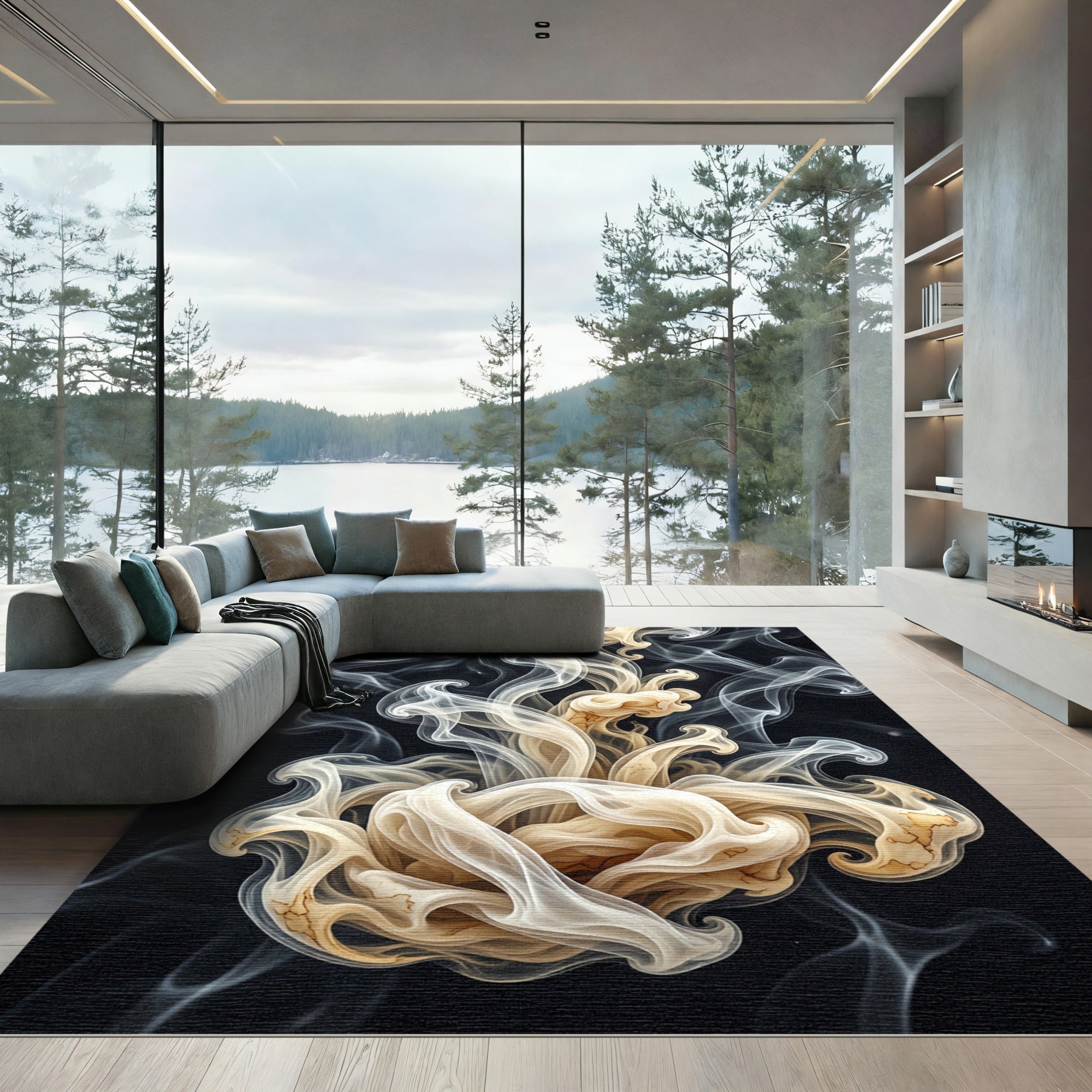 Ethereal Cream Smoke Swirl Wave Rug
