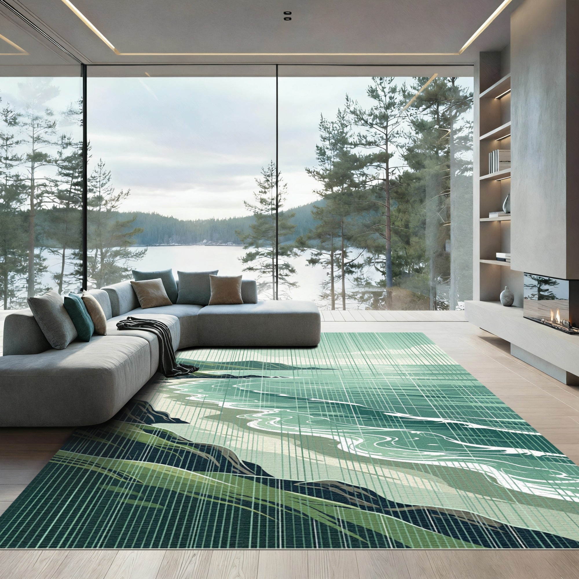 Coastal Sage Green Serene Seascape Landscape Rug