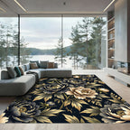Dark Floral Peony Gold Leaf Rug
