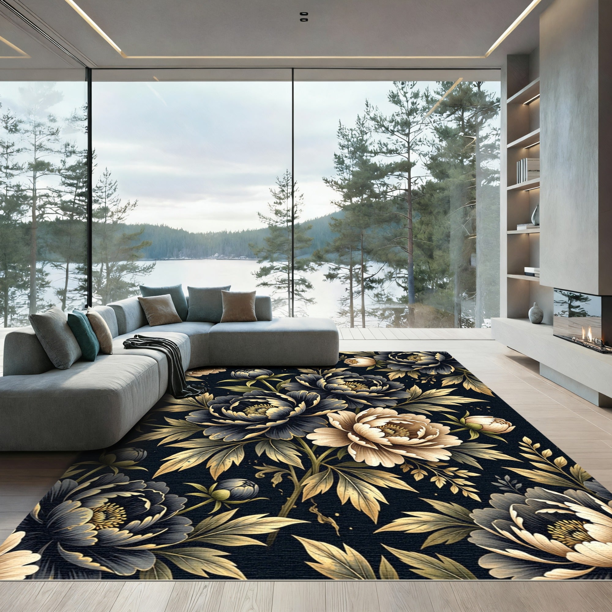 Dark Floral Peony Gold Leaf Rug