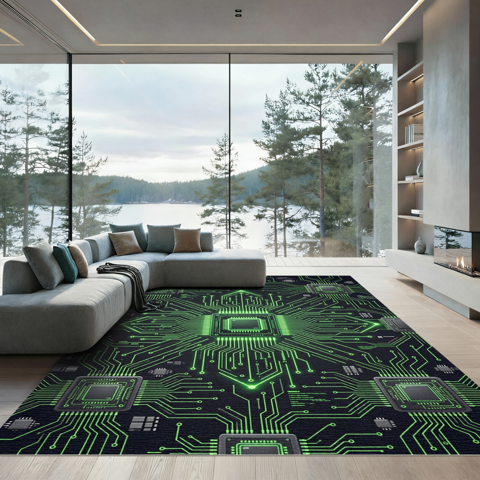 Neon Green Cyber Circuit Grid Rug