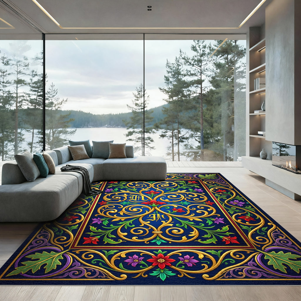 Gilded Royal Blue Baroque Floral Scroll Rug