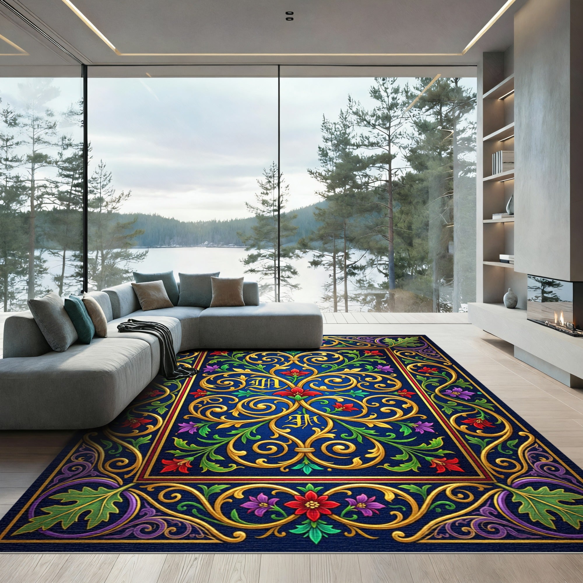 Gilded Royal Blue Baroque Floral Scroll Rug