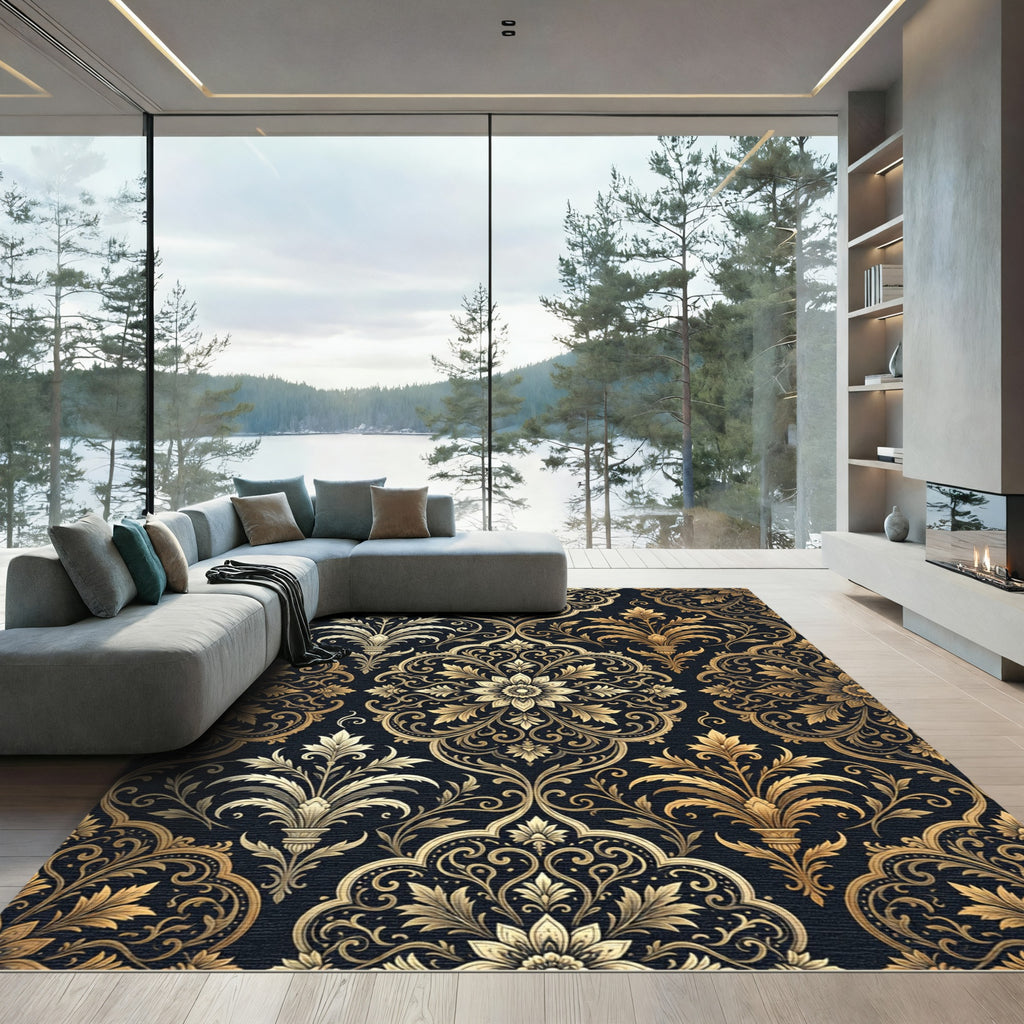 Ornate Gold Floral Damask Rug