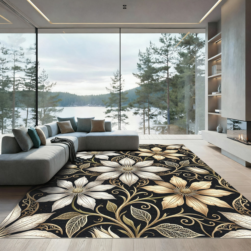 Elegant Gold and White Clematis Floral Rug