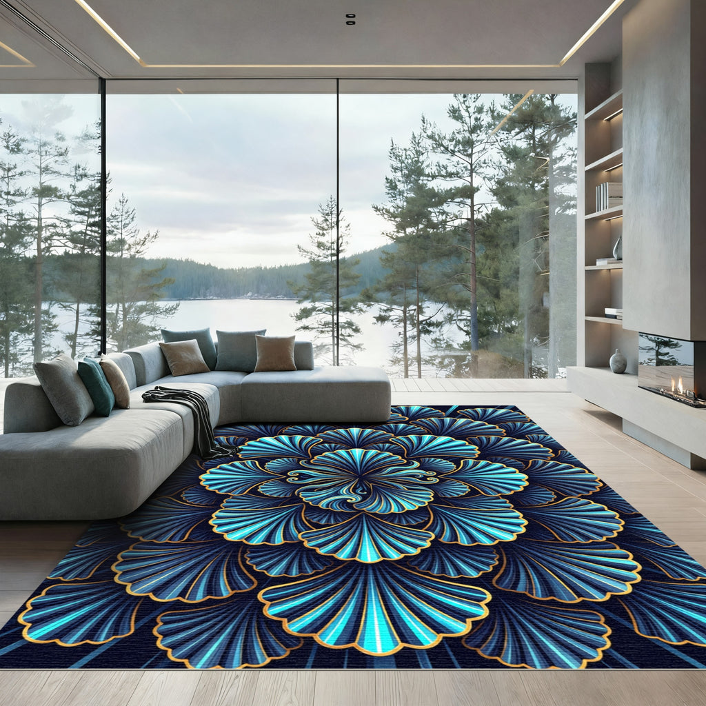 Deep Blue Gold Ginkgo Fan Rug