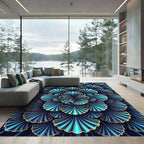 Deep Blue Gold Ginkgo Fan Rug