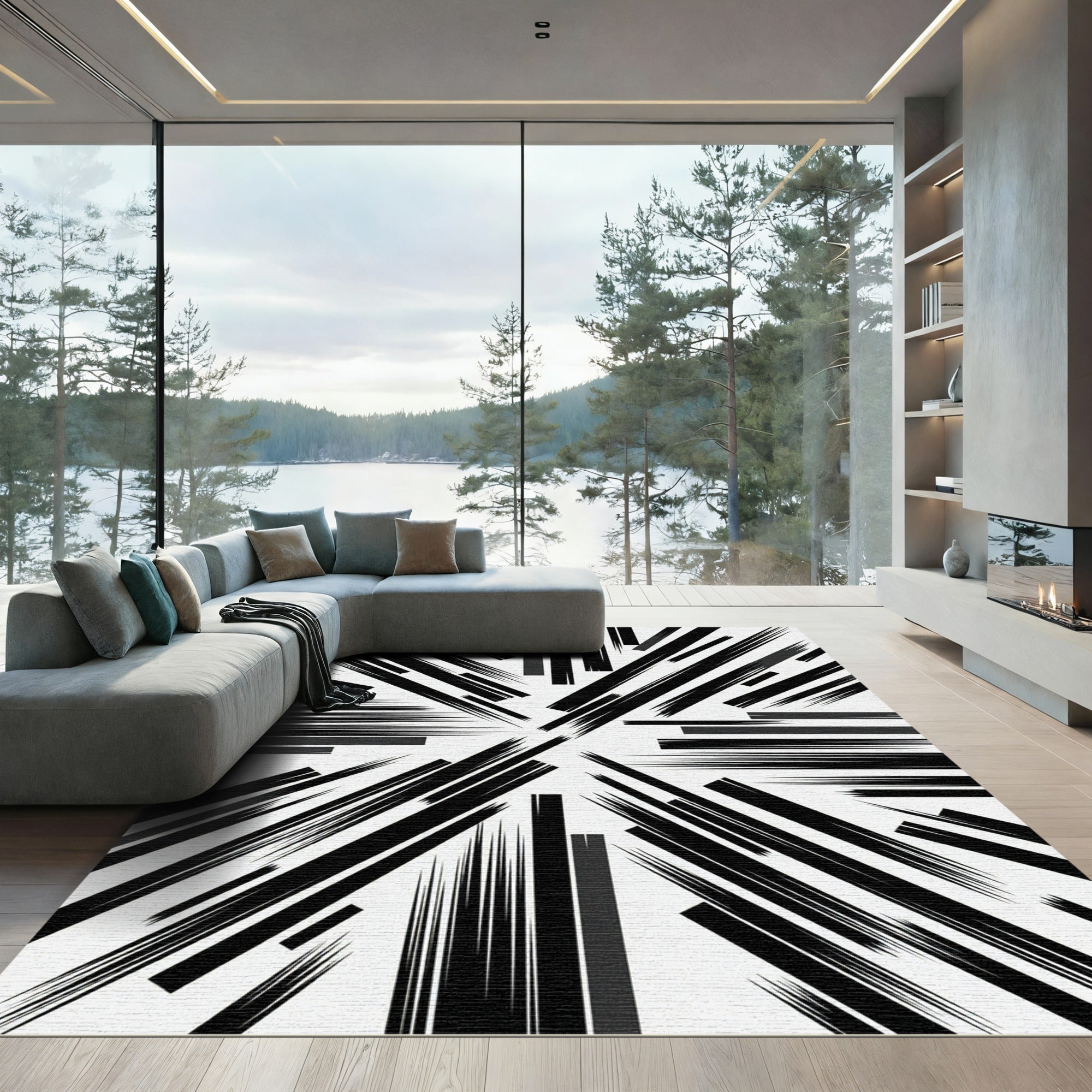 Modern Monochrome Abstract Sharp Linear Rug