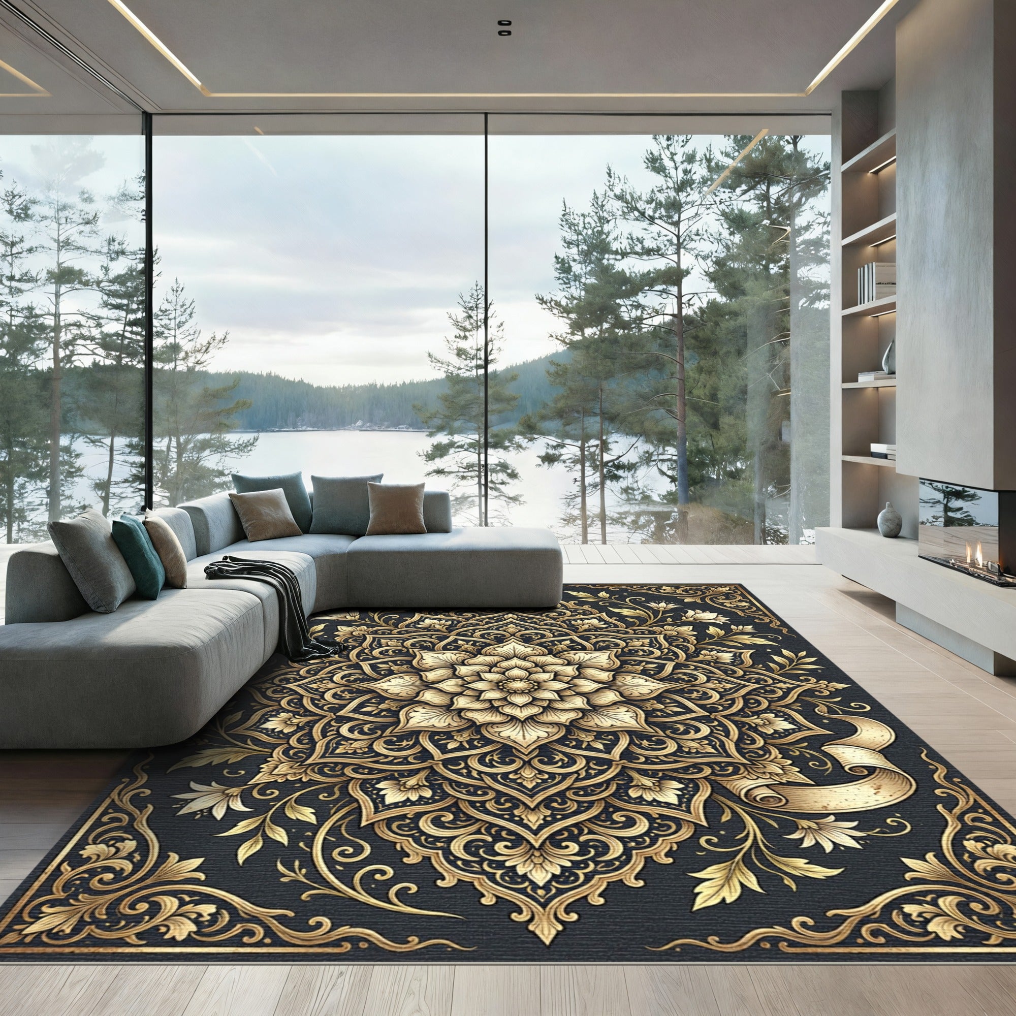 Gilded Golden Floral Mandala Rug
