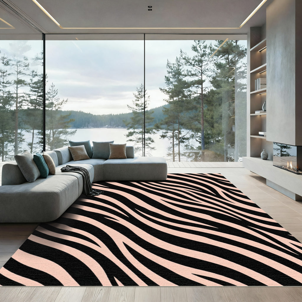 Blush Pink and Black Zebra Waves Rug