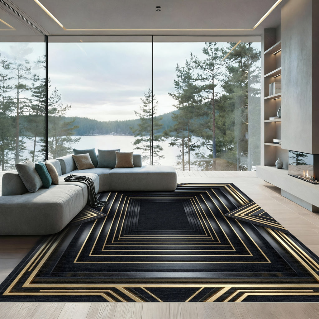 Black Gold Linear Concentric Square Rug