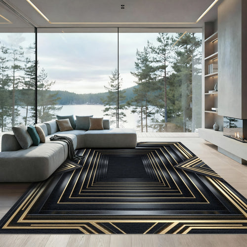 Black Gold Linear Concentric Square Rug
