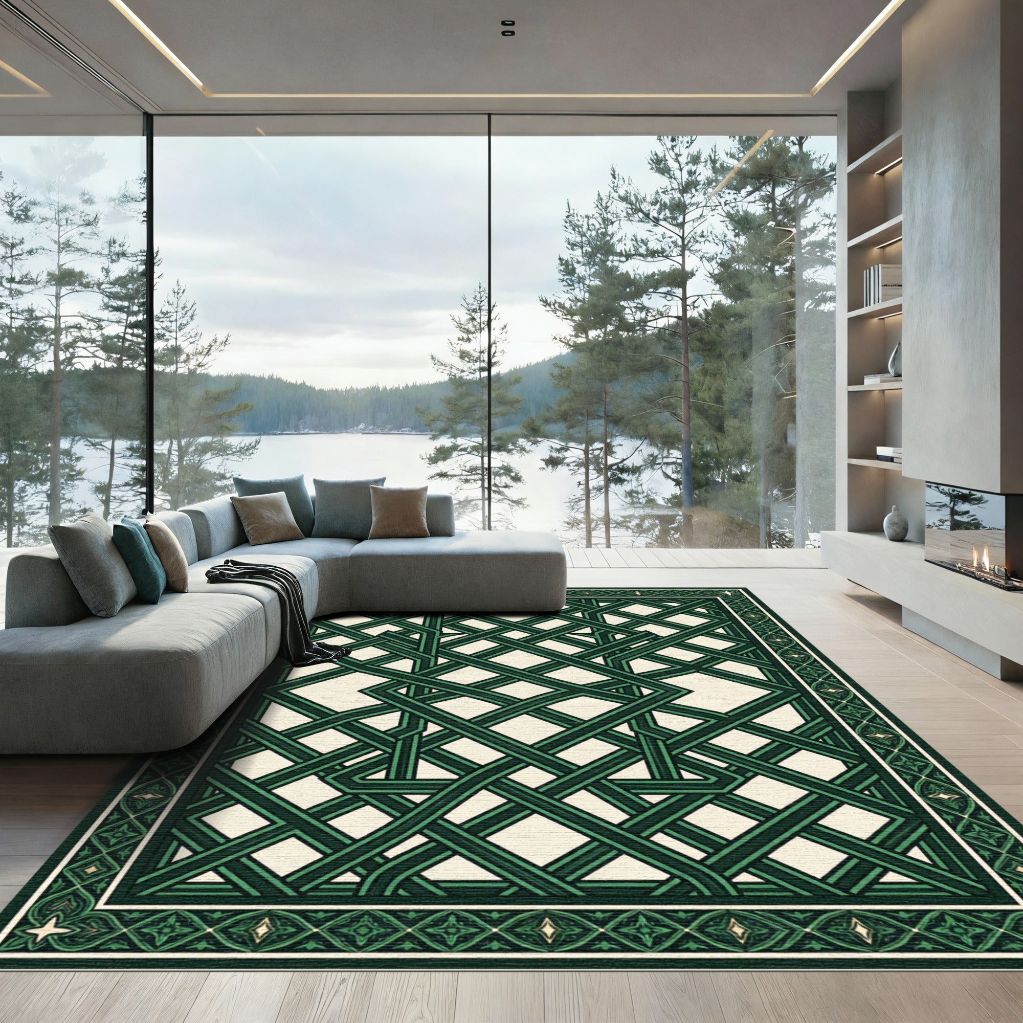 Emerald Interwoven Geometric Lattice Rug