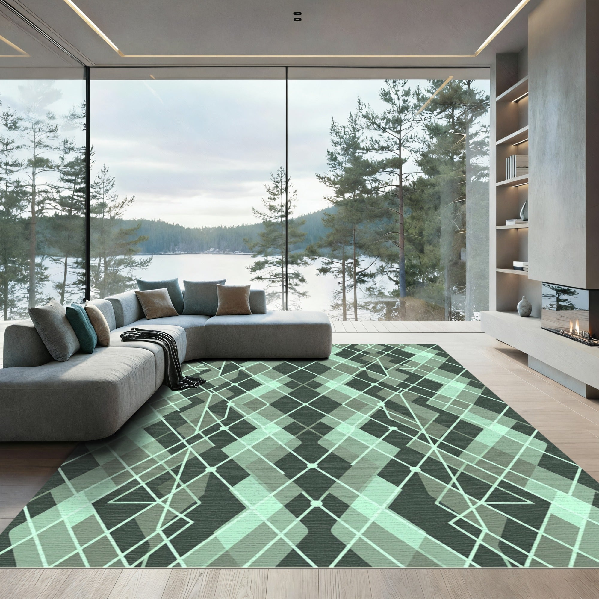 Teal Geometric Diamond Interlocking Pattern Rug