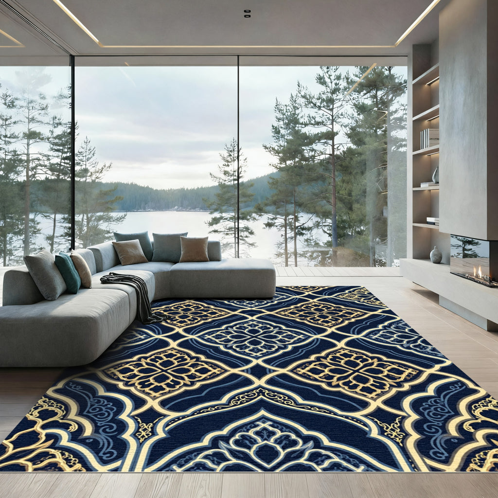 Midnight Navy Gold Ornate Damask Rug