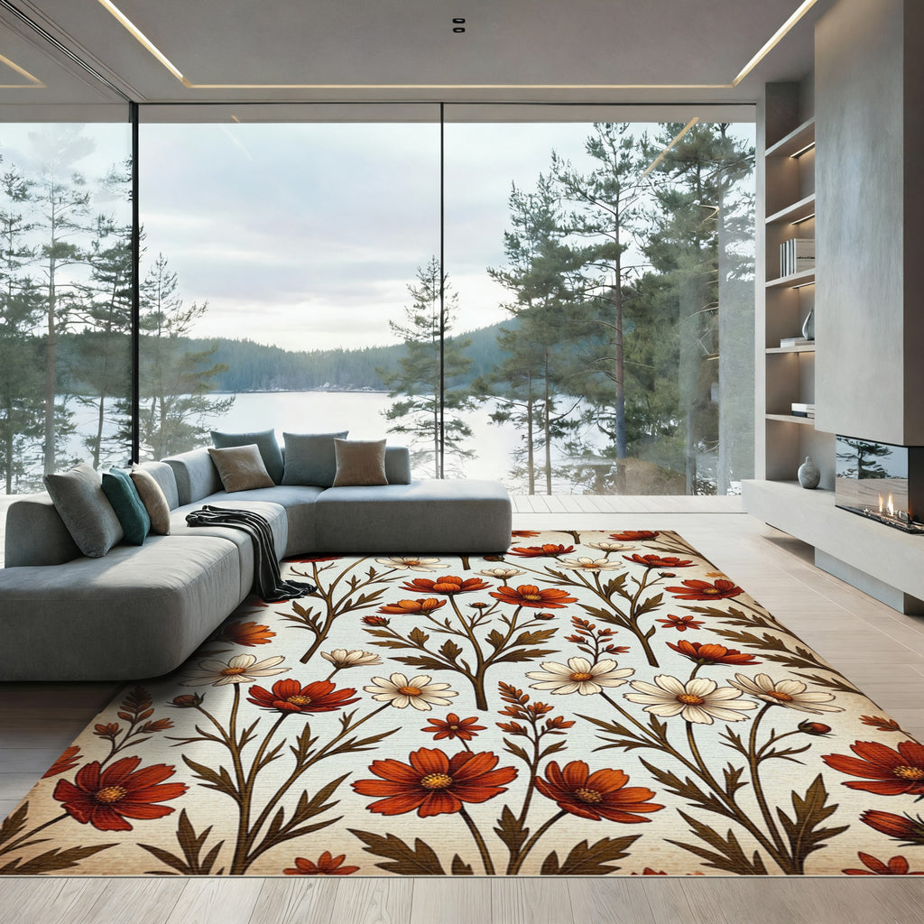 Rustic Orange White Floral Stem Rug