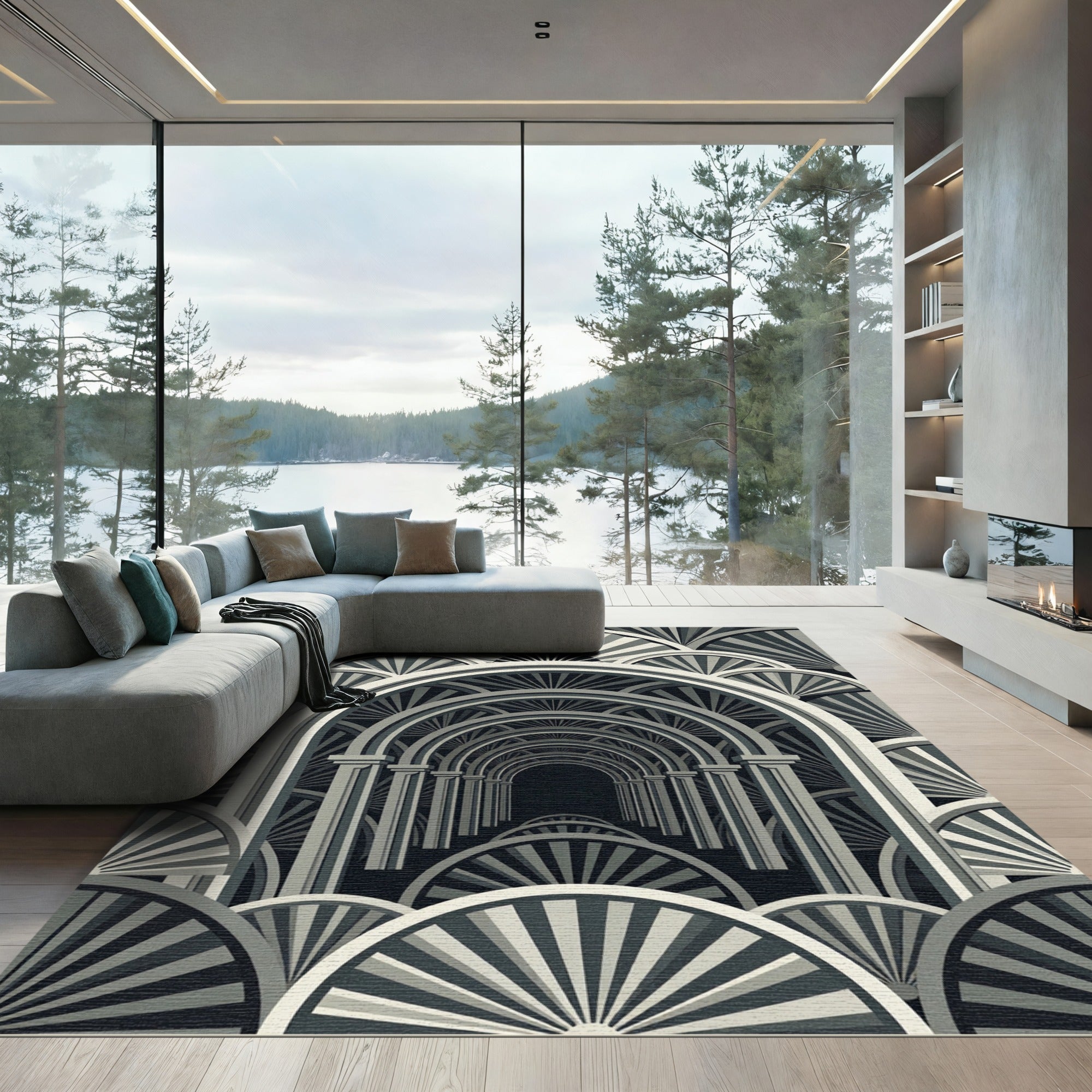 Monochromatic Archway Fan Motif Rug