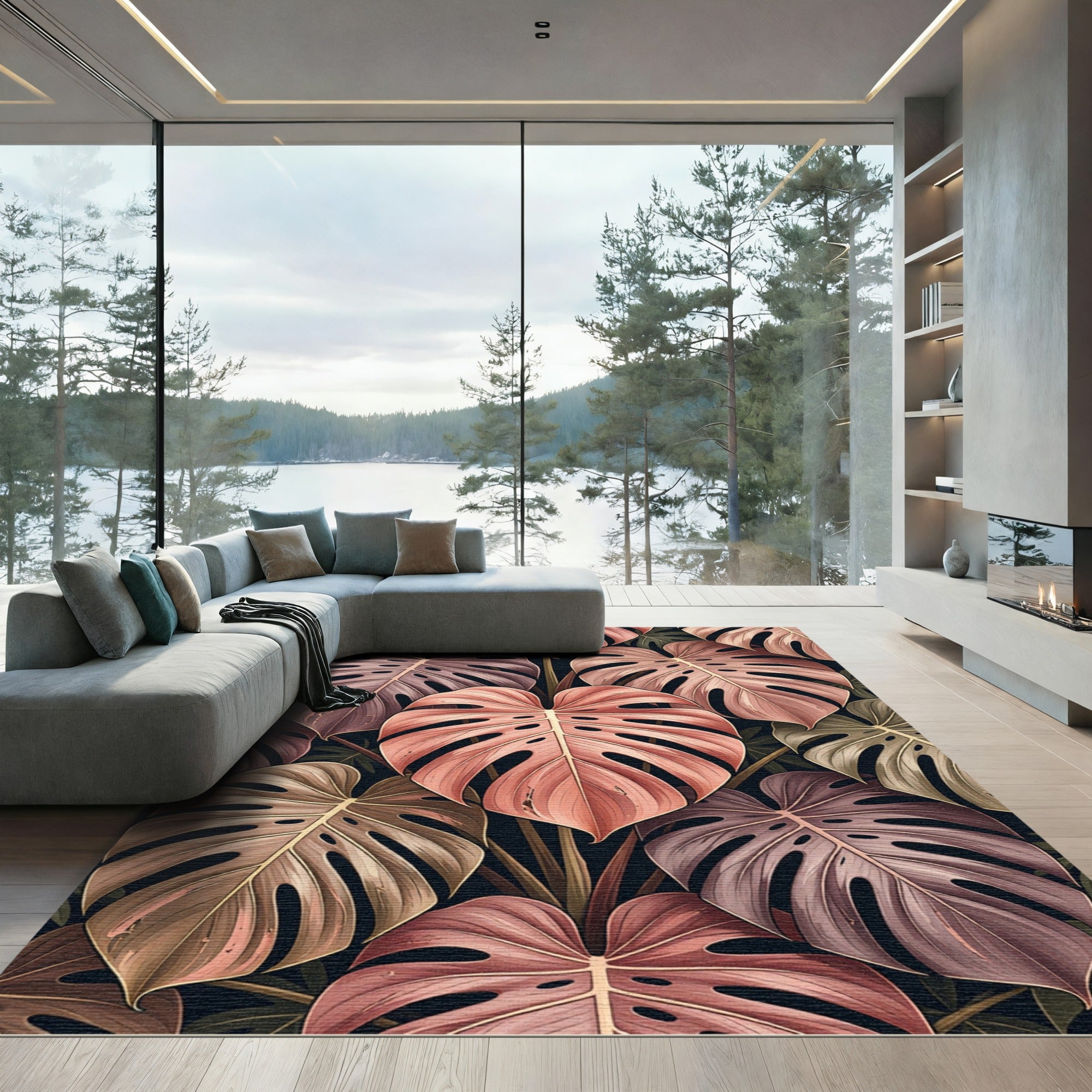Dusty Rose Monstera Leaf Mosaic Rug