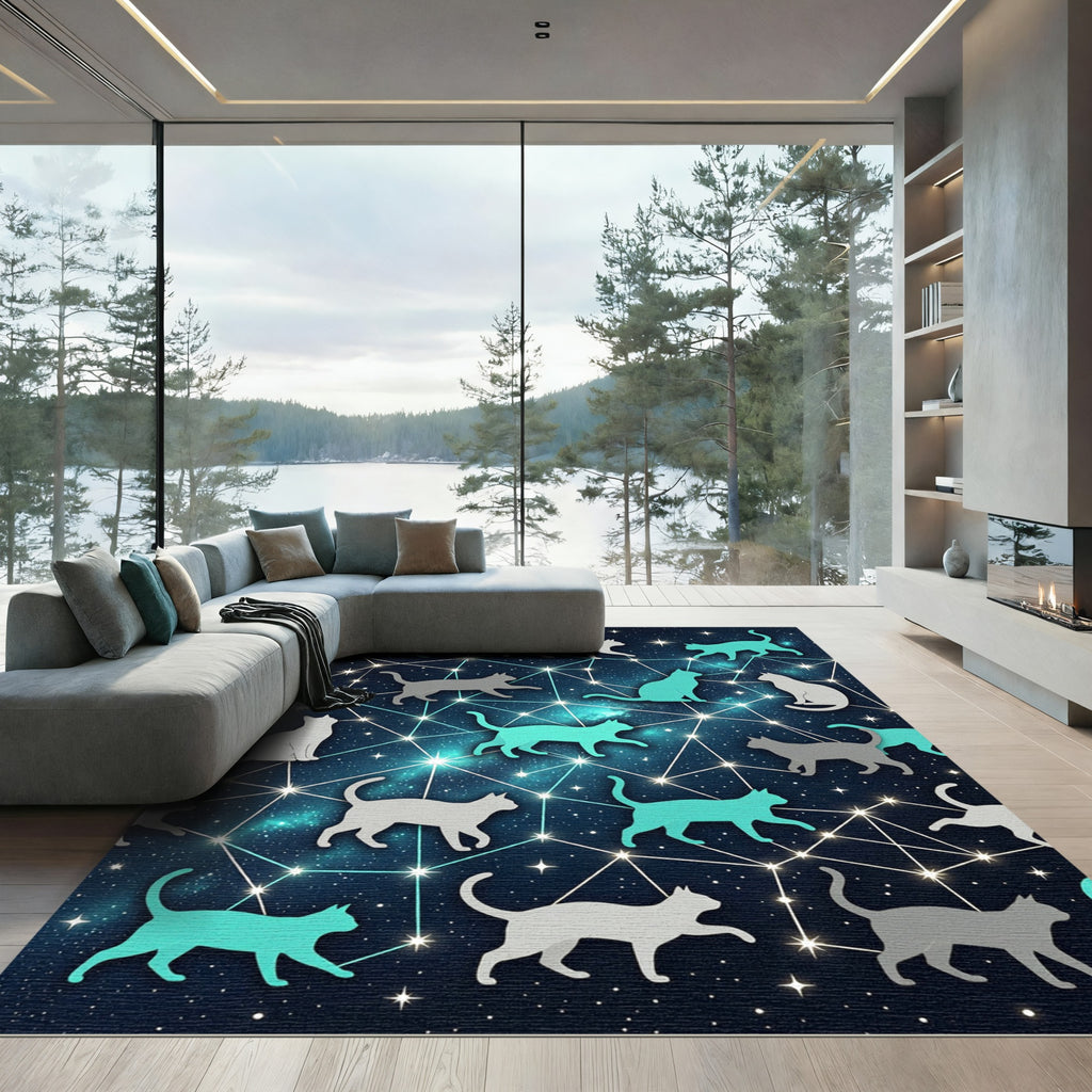 Celestial Cat Constellations Across Night Sky Rug