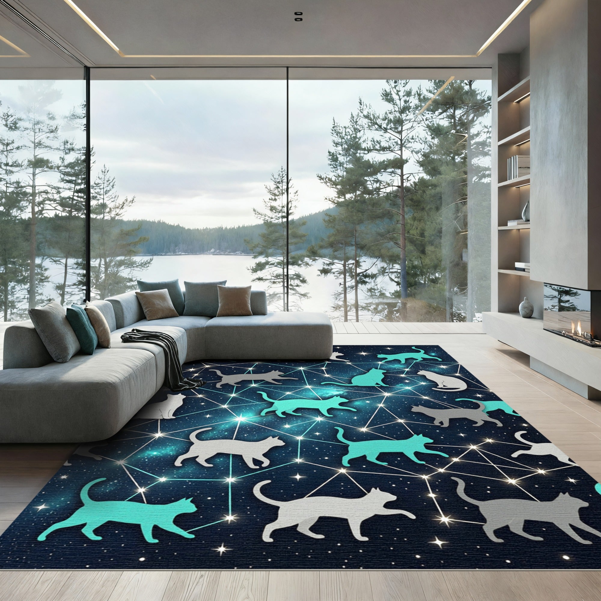Celestial Cat Constellations Across Night Sky Rug