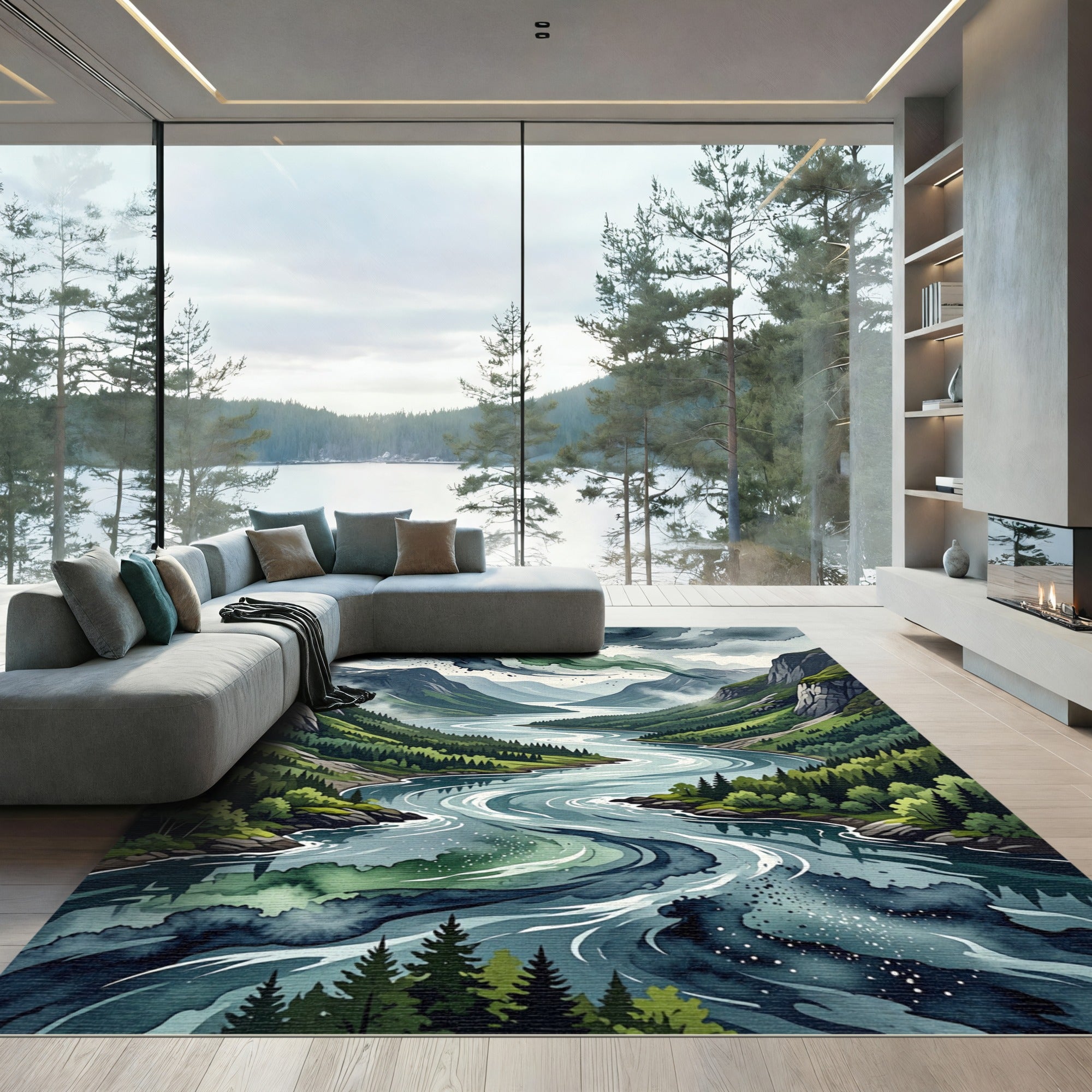 Moody Nordic Fjord River Landscape Rug