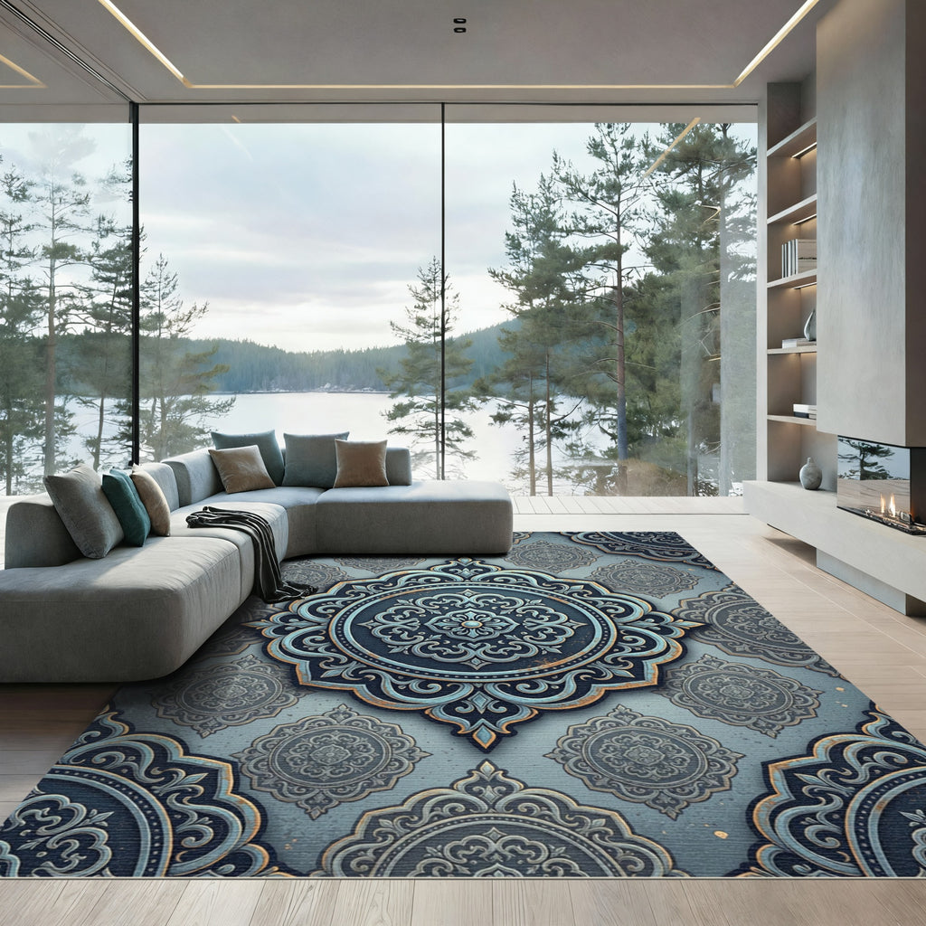 Sophisticated Slate Blue Ornate Medallion Rug