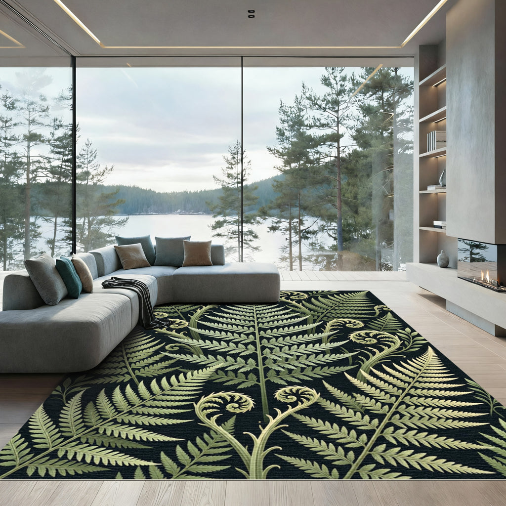 Botanical Fern Leaf Emerald Scroll Rug