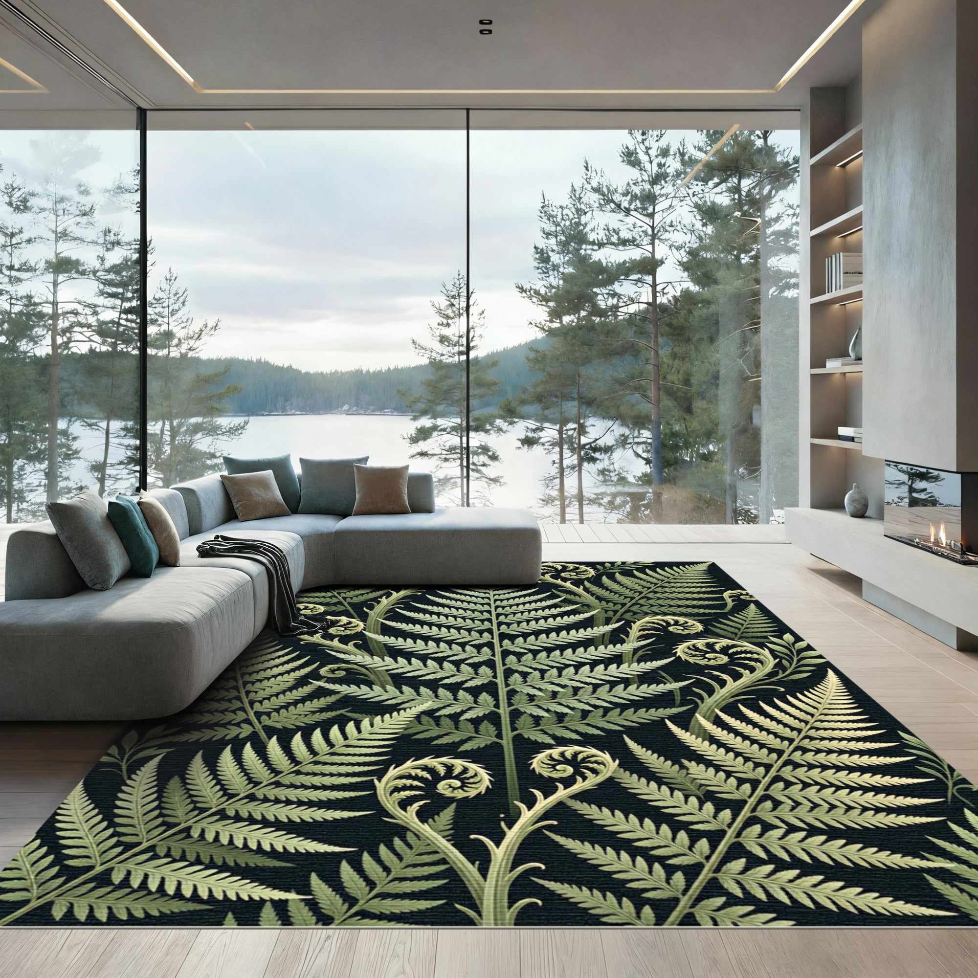 Botanical Fern Leaf Emerald Scroll Rug