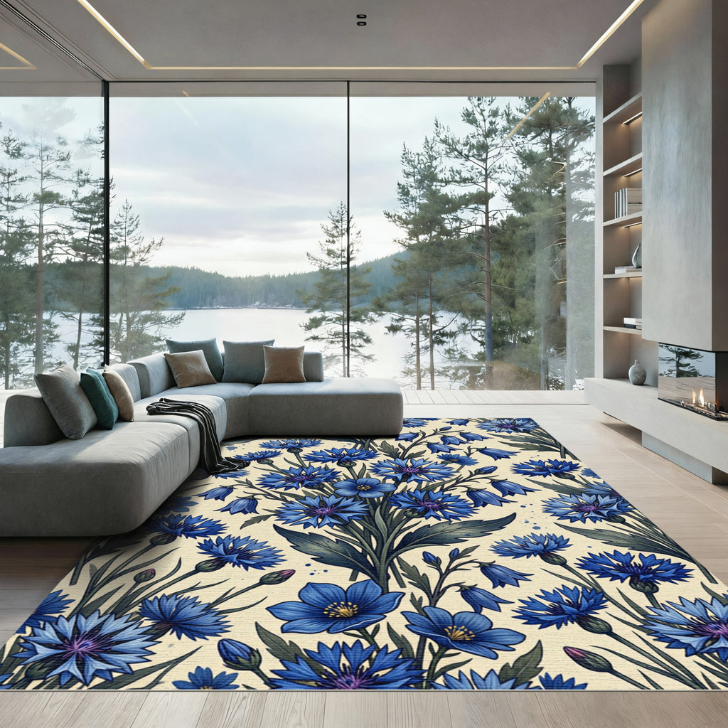Vibrant Blue Floral Garden Arrangement Rug