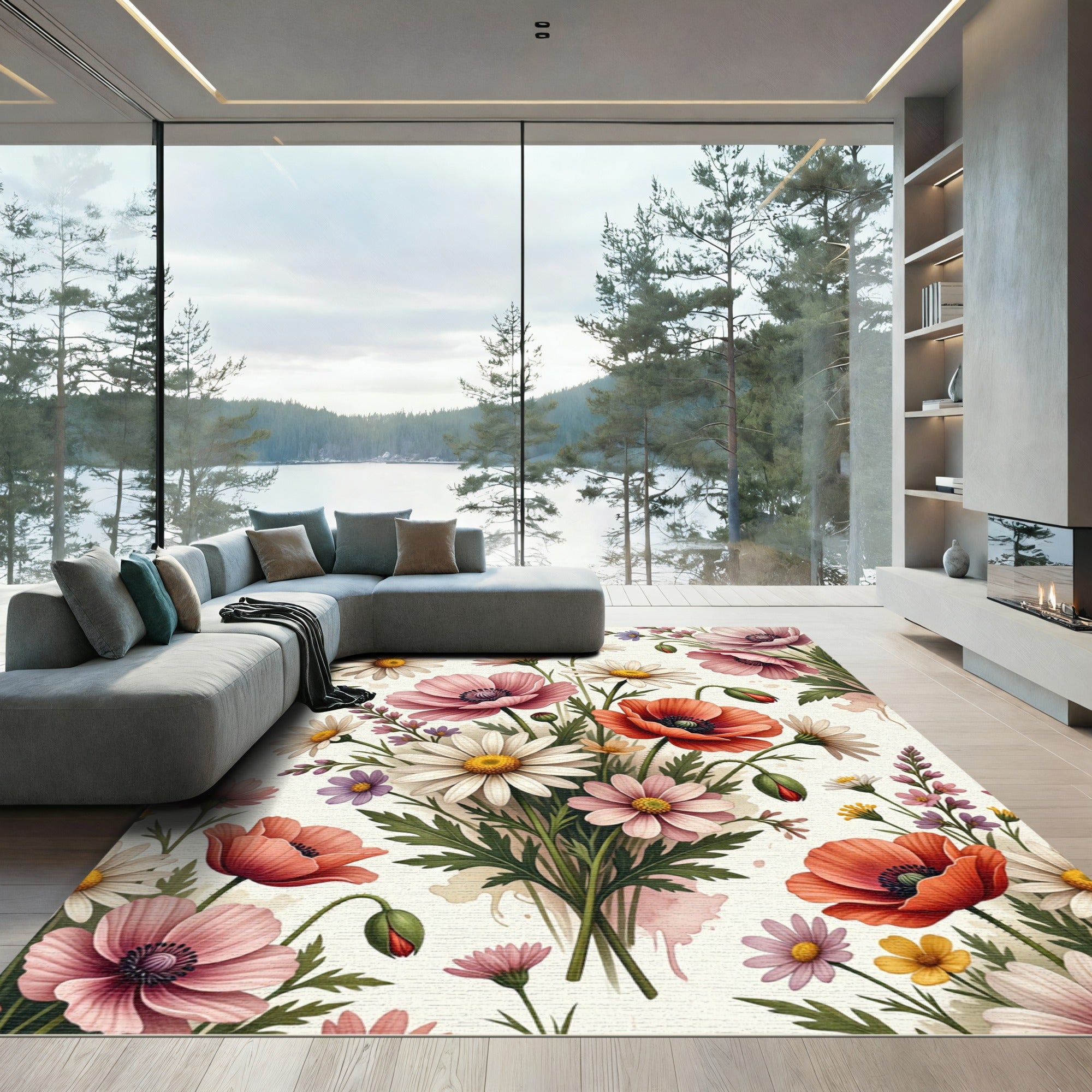 Watercolor Wildflower Meadow Floral Bouquet Rug