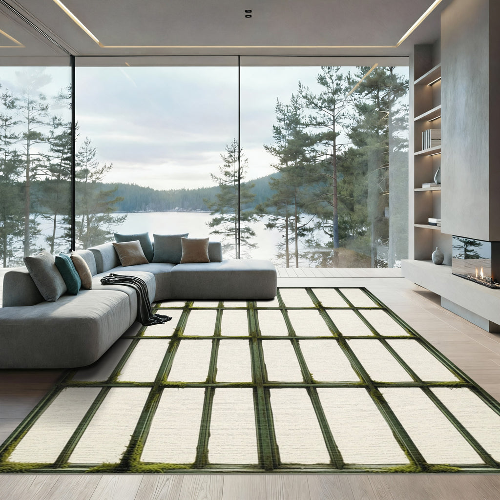 Minimalist Forest Green Grid Window Frame Rug