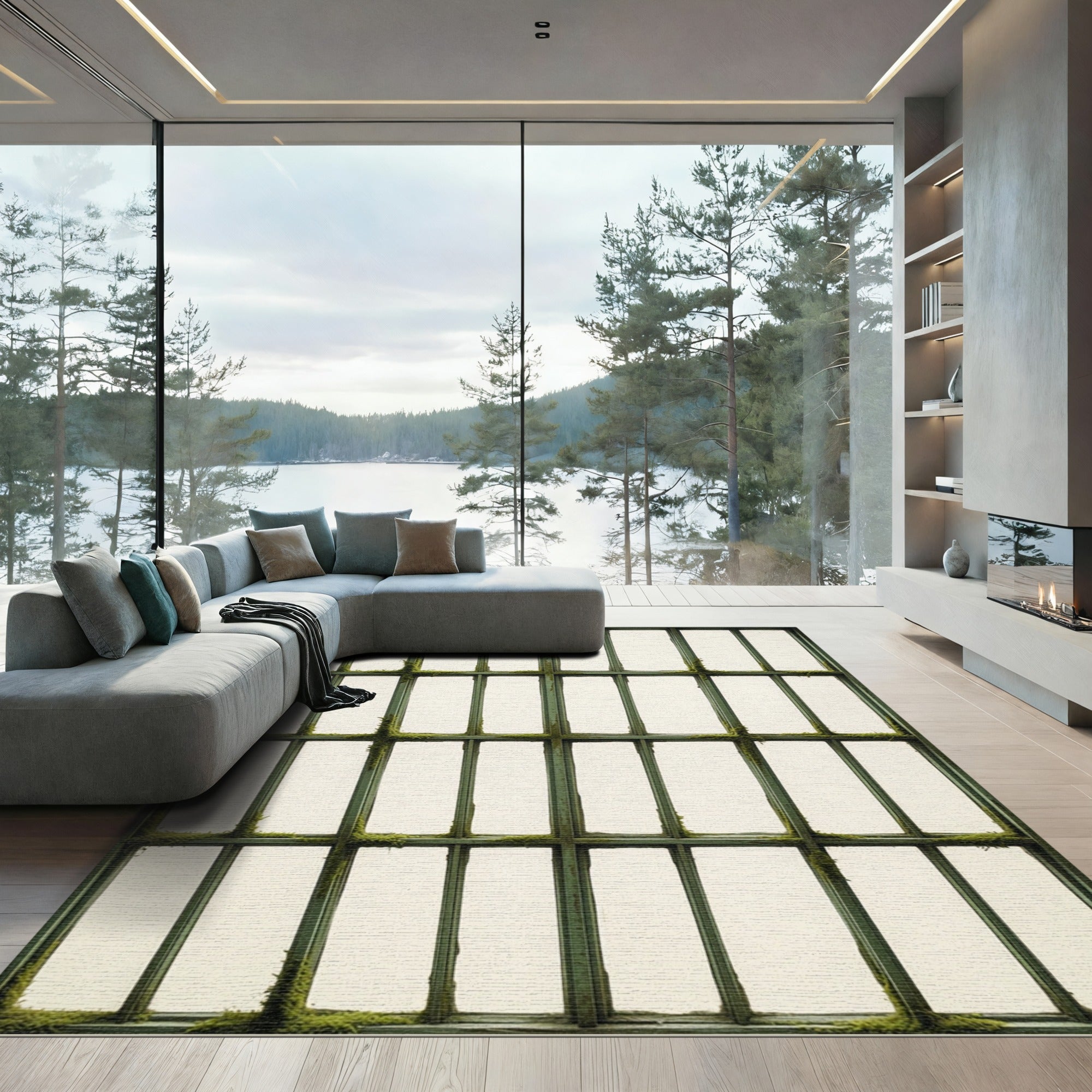 Minimalist Forest Green Grid Window Frame Rug