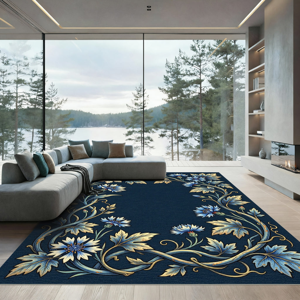 Elegant Navy Blue Cornflower Botanical Frame Rug
