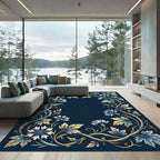 Elegant Navy Blue Cornflower Botanical Frame Rug